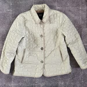 Women's Coach Signature Quilted C Button Up Beige Gray Puffer Coat Jacket Sz L